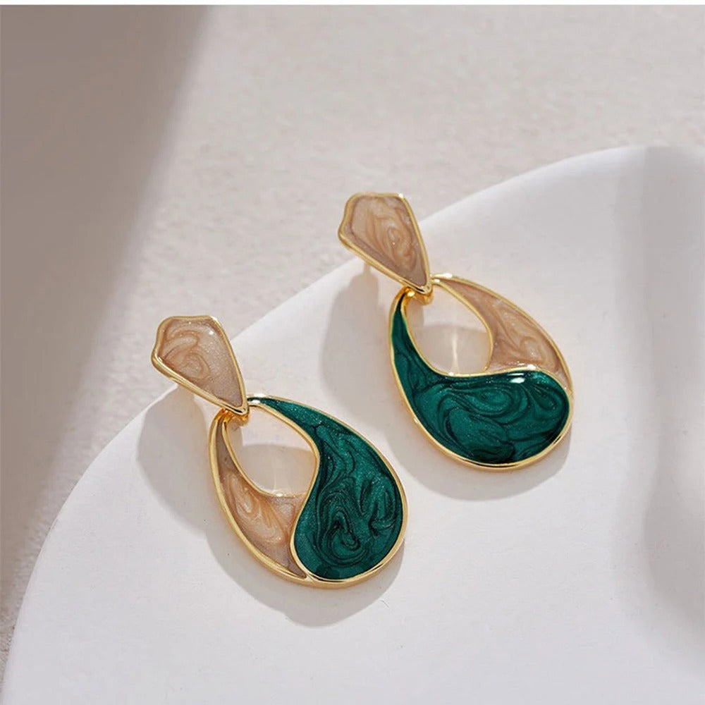 Trendy Patchwork Water Drop Earrings Green Enamel Hollow Jewelry