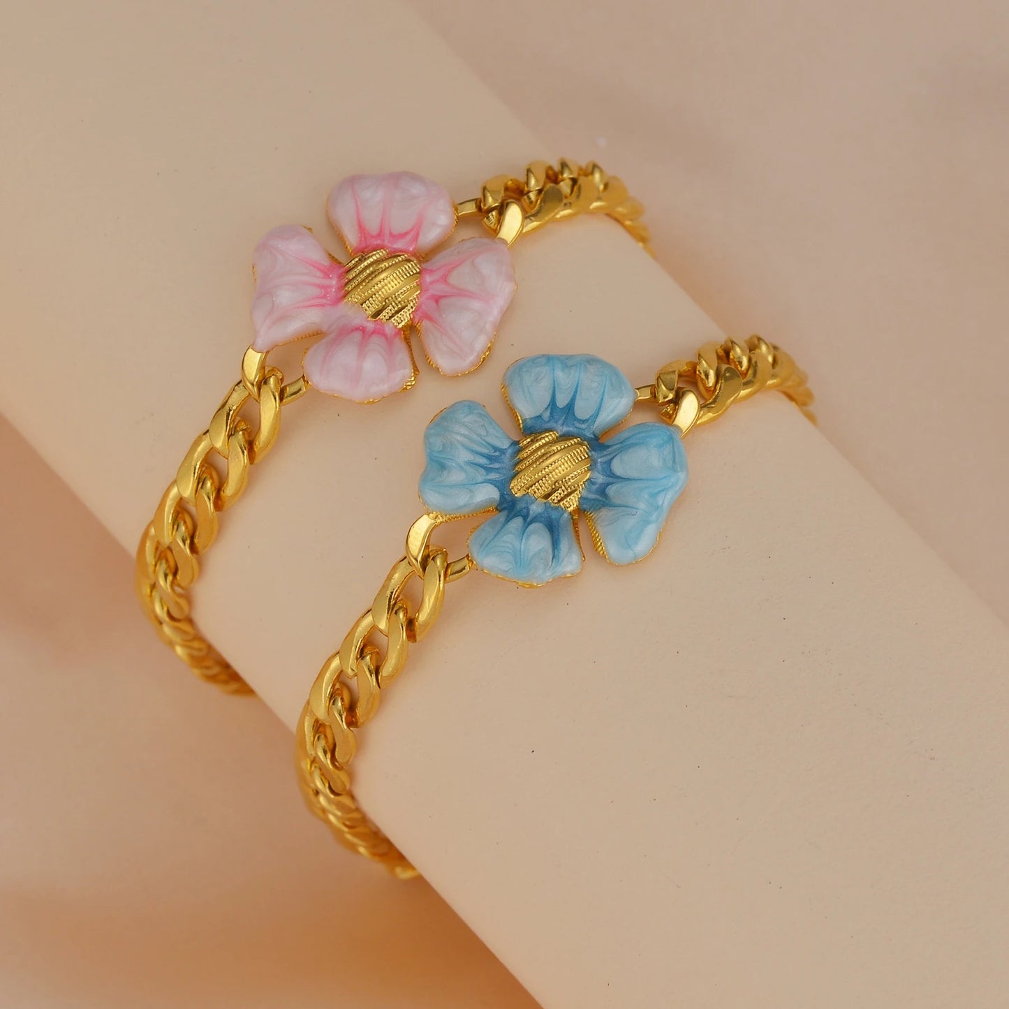 Stainless Steel Flower Bracelet Chunky Cuban Link Gold Women Jewelry