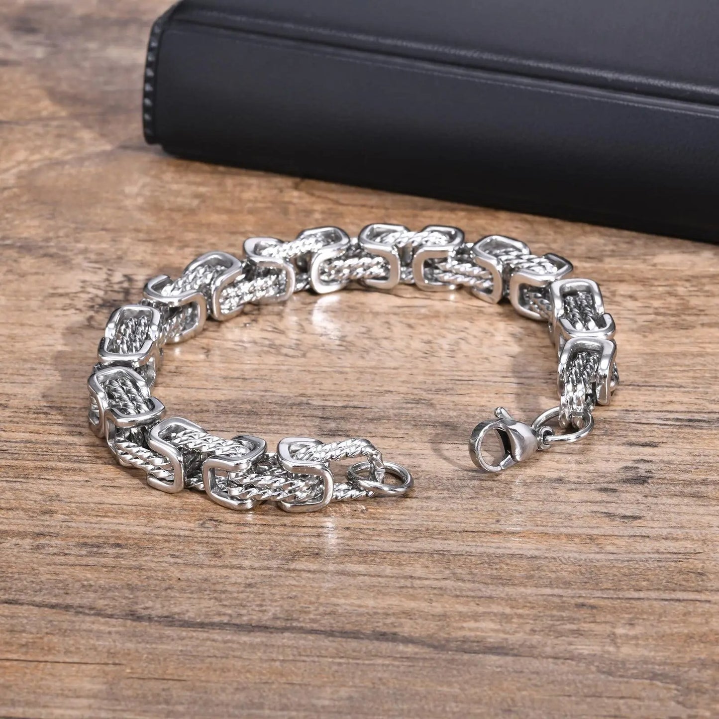 Men’s Chunky Byzantine Bracelet 8mm Grey Stainless Steel Wristband