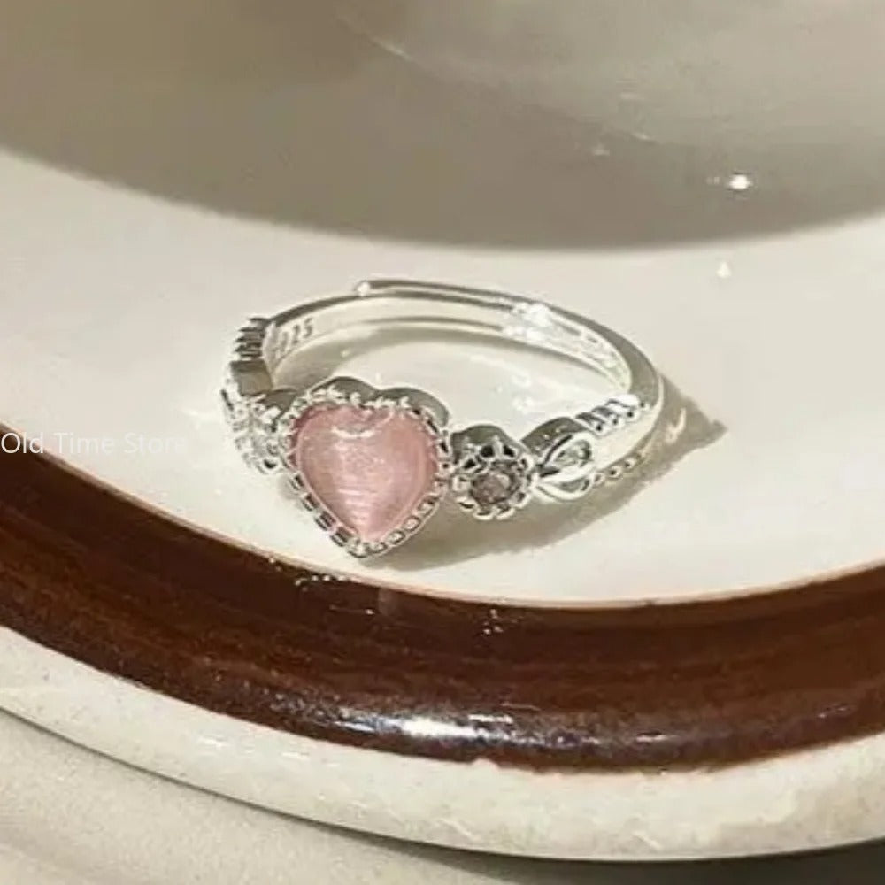 Pink Heart Crystal Ring Women Kpop Love Zircon Jewelry