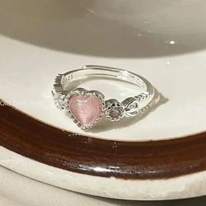 Pink Heart Crystal Ring Women Kpop Love Zircon Jewelry