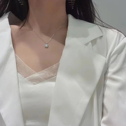 925 Sterling Silver Square Necklace Shiny Zircon Geometric Shape Pendant Simple Charm Women Choker Day Gift Fine Jewelry