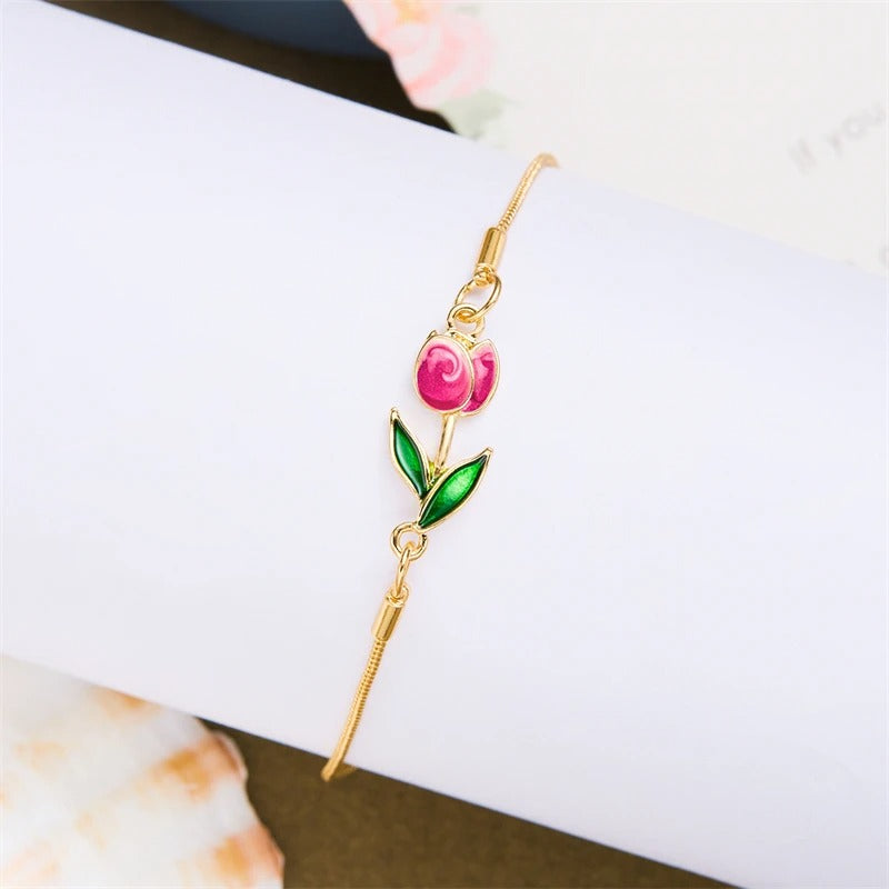 Tulip Rose Flower Bracelet for Women Colorful Gold Chain Jewelry