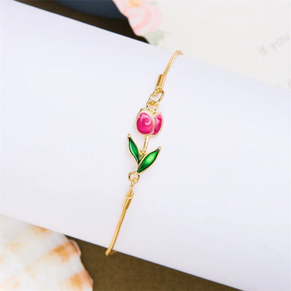 Tulip Rose Flower Bracelet for Women Colorful Gold Chain Jewelry