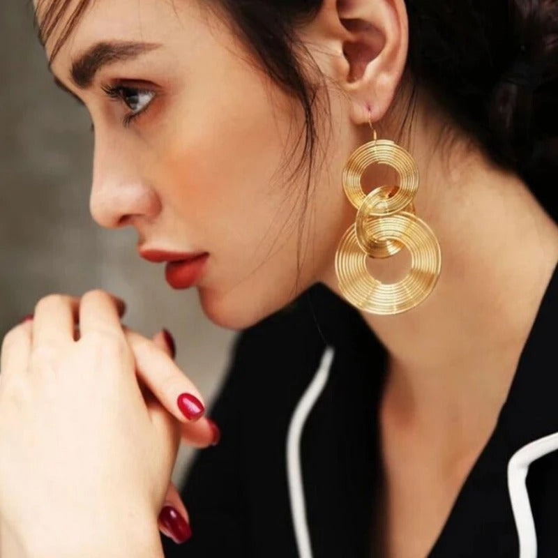 Three-Layer Circle Long Drop Earrings Women Punk Metal Jewelry