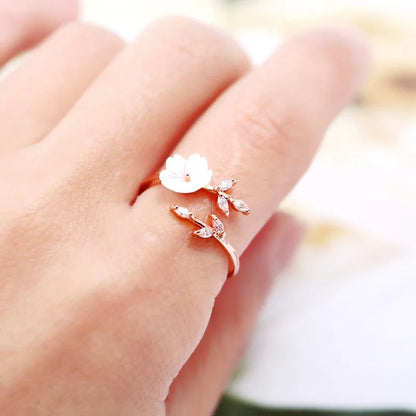 Rose Gold Leaf Shell Flower Ring Adjustable Jewelry for Women