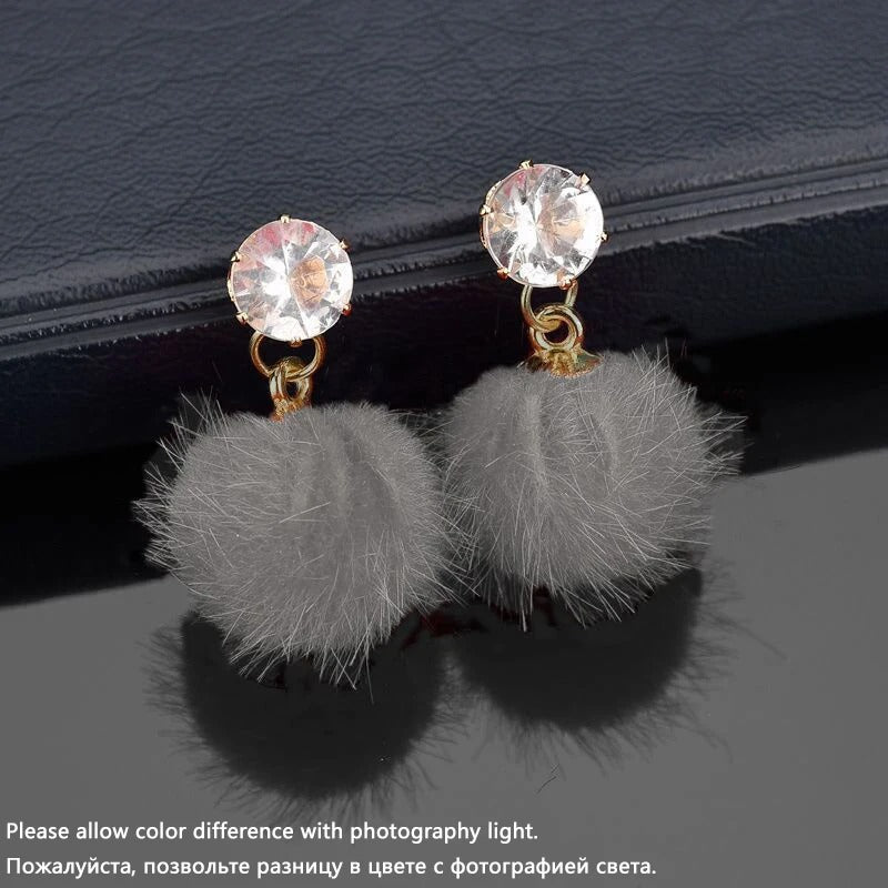 Boho Small Fluffy Ball Earrings Women’s Crystal Dangle Jewelry