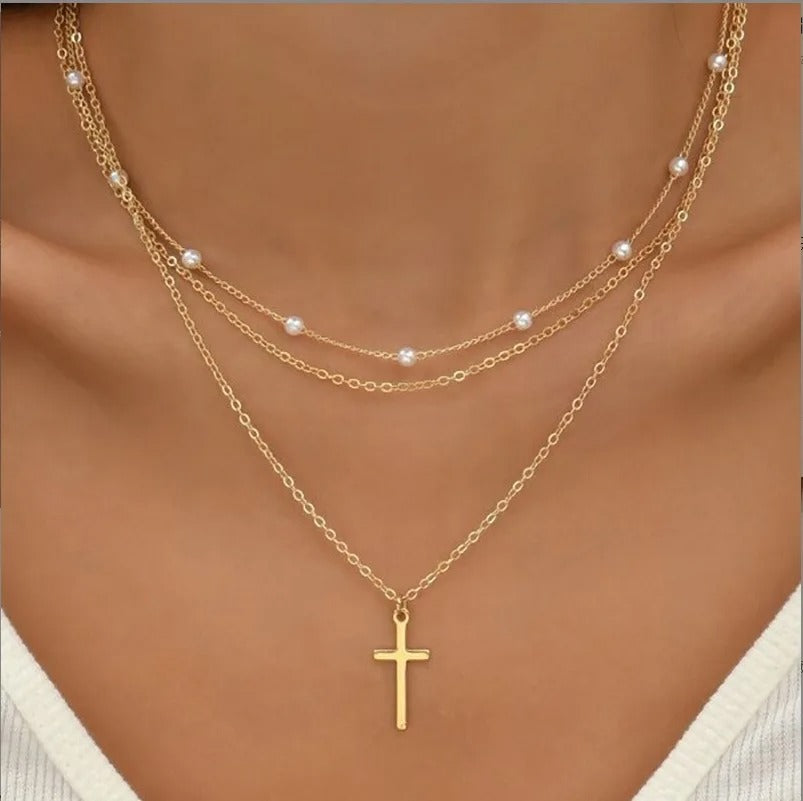 Women's Pearl Necklace Set 14K Gold Fashion Love Heart Pendant Waterproof Hypoallergenic Collarbone Neck Chain Jewelry