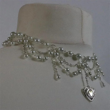 Pearl Heart Locket Style Layered Necklace Handmade Y2K Necklace Perfect For Weddings Prom or Victorian/Regency Cosplay Jewelry