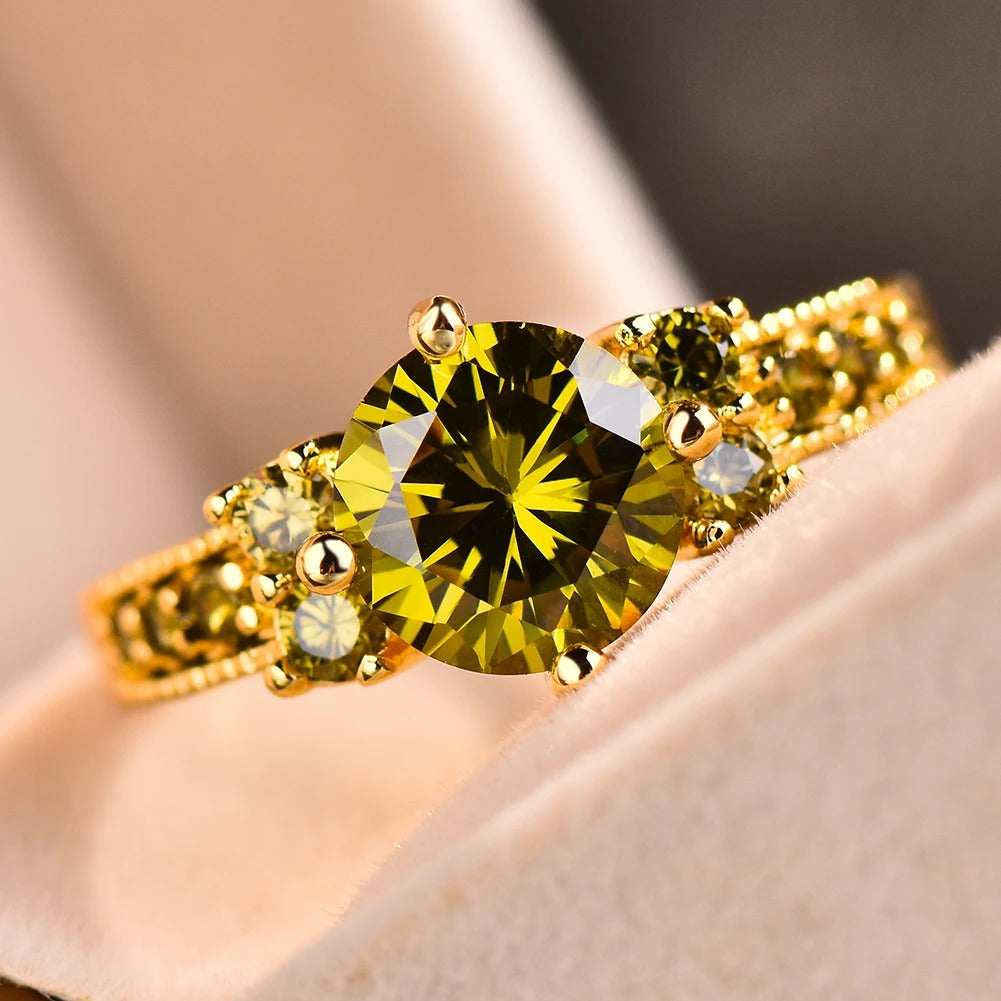 Cute Bride Round Zircon Ring Olive Green Crystal Gold Jewelry