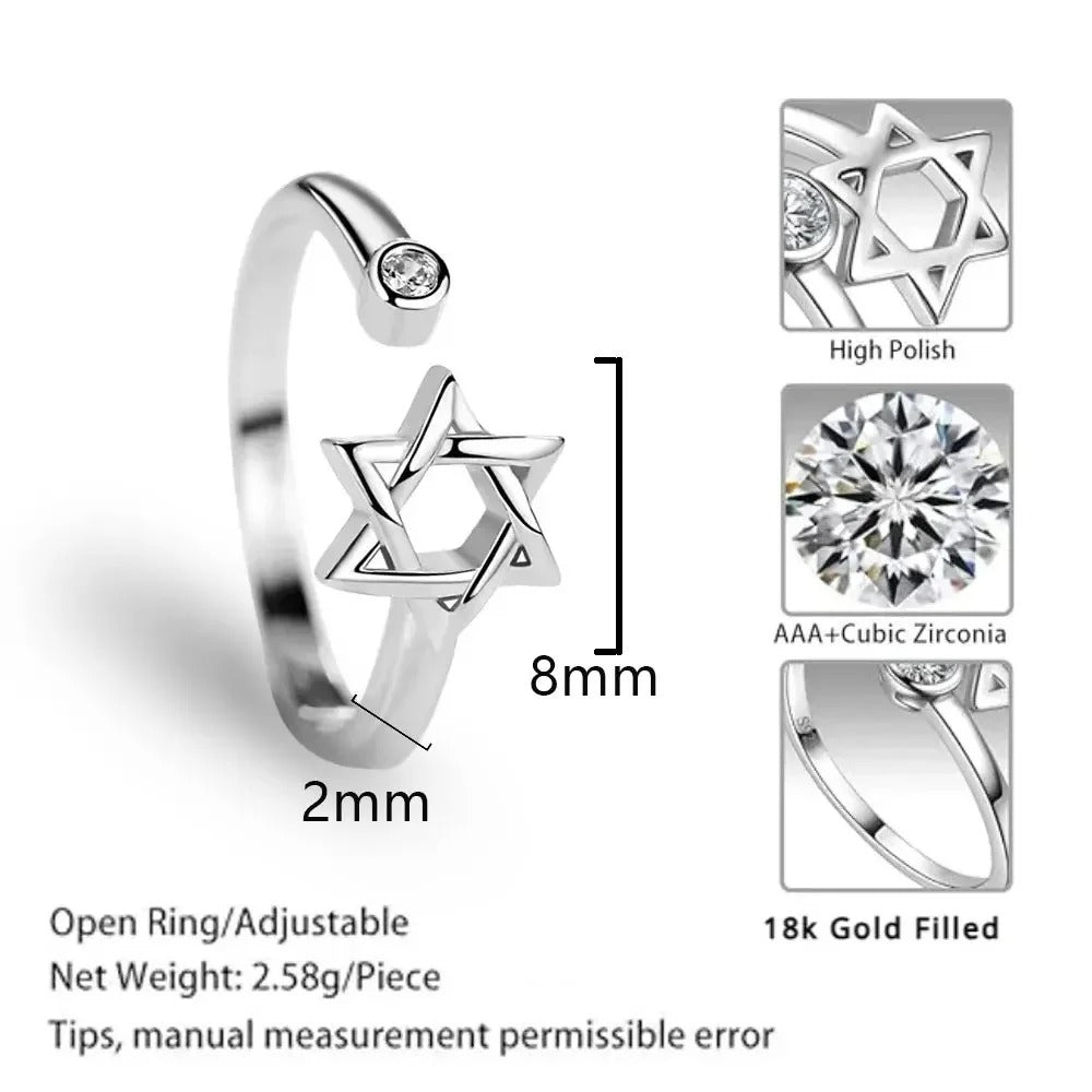 YILUOCD Hollow Hexagon Star of David Ring – Adjustable Zircon Jewish Promise Jewelry for Women