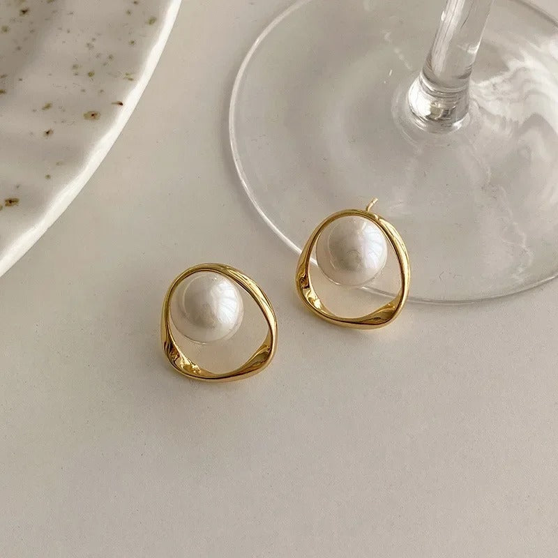 Gold Imitation Pearl Stud Earrings for Women Korean Irregular Design
