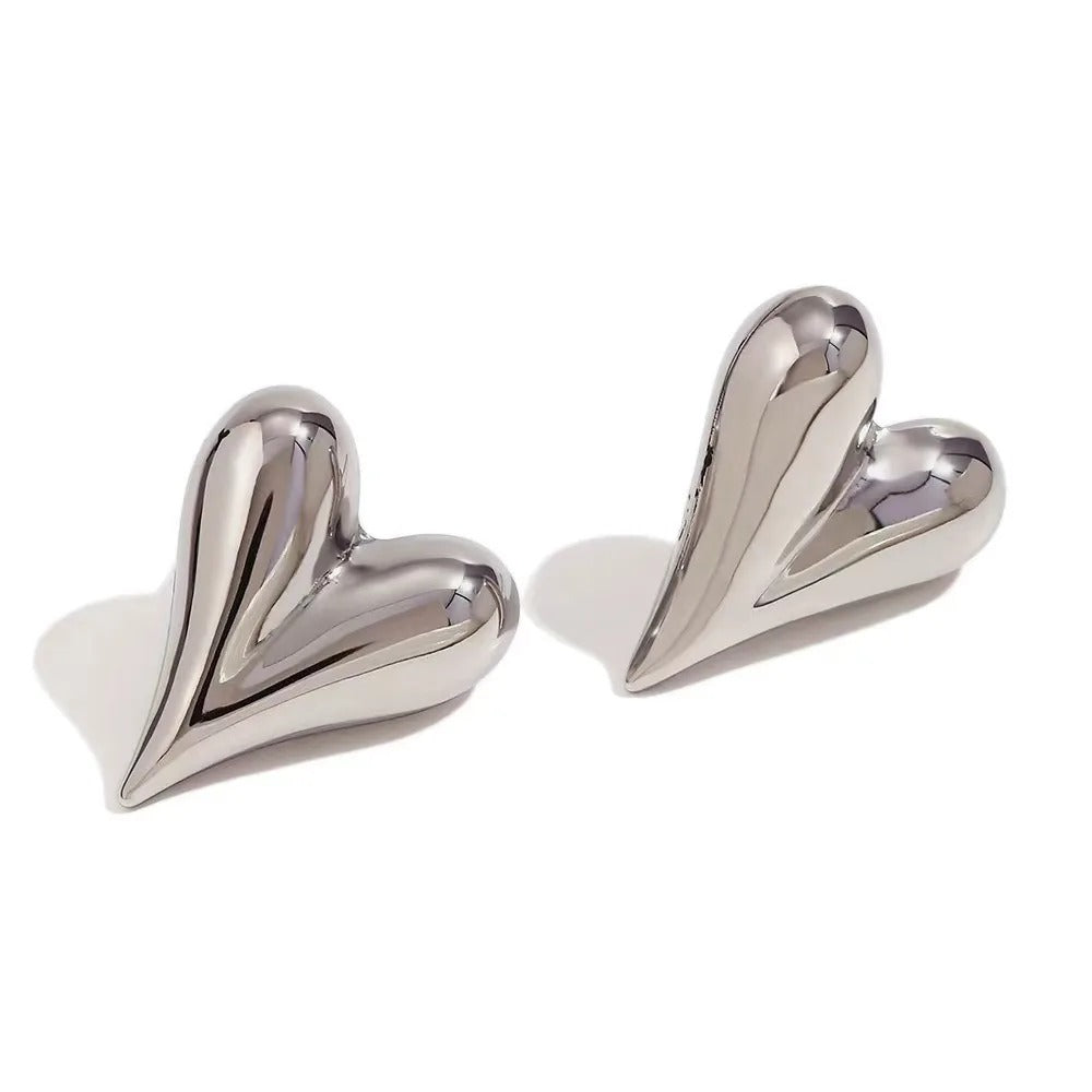 Retro Love Heart Stud Earrings Gold Stainless Steel Women Jewelry