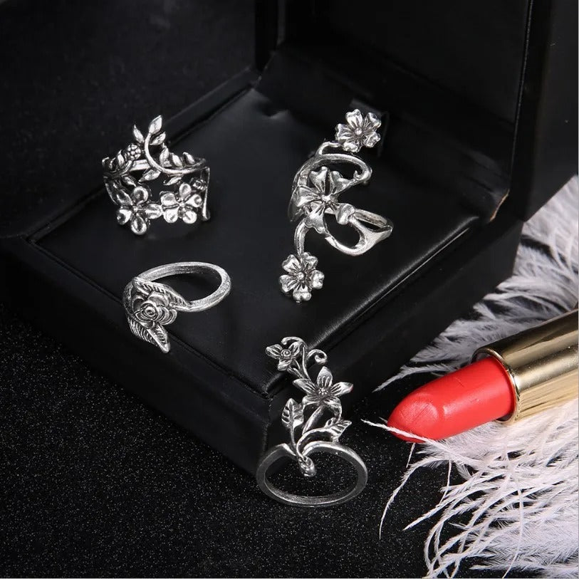 4PCS Vintage Silver Mori Flower & Vine Rings Women’s Fashion Set