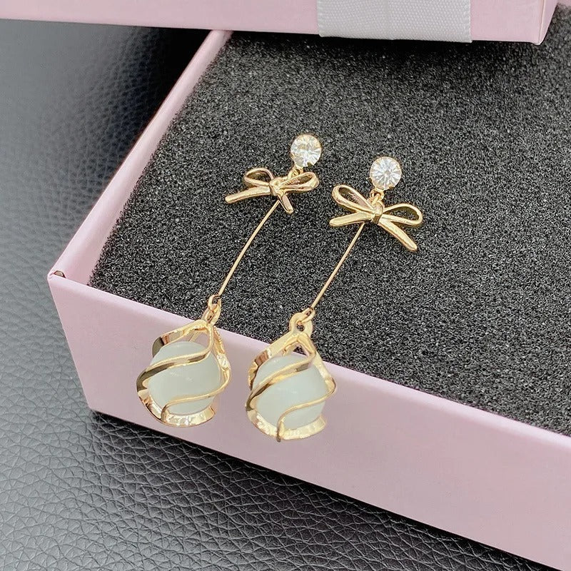 Trendy Metal Frame Dangle Opal Earrings for Women Golden Drop Earrings Wedding Party Long Jewelry Gift