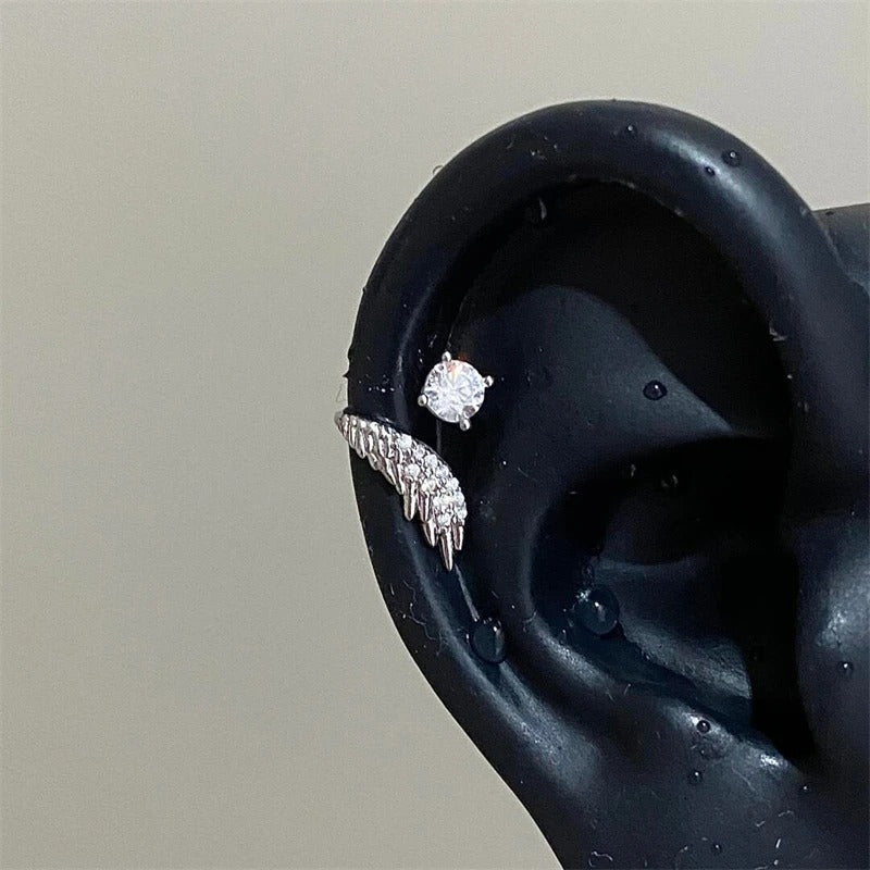 Silver Wing Ear Bone Nail 316L Stainless Steel Rhinestone Earrings