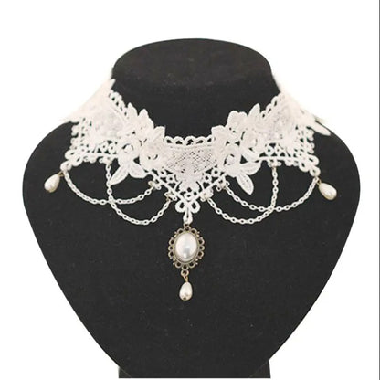 Imitation Pearl White Lace Choker Necklaces Bridal Jewelry Women Wedding tattoo Tassel Punk Style Lace Pendant Choker Necklace