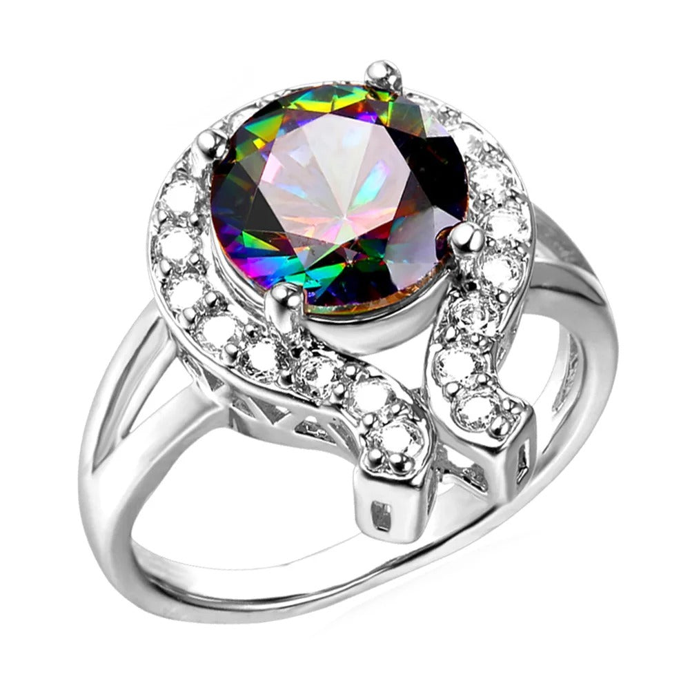 U7 White CZ Round Rainbow Topaz Gemstone Rings for Woman Size 6-10 Vintage Luxury Style Signet Ring Jewelry Gift for Her