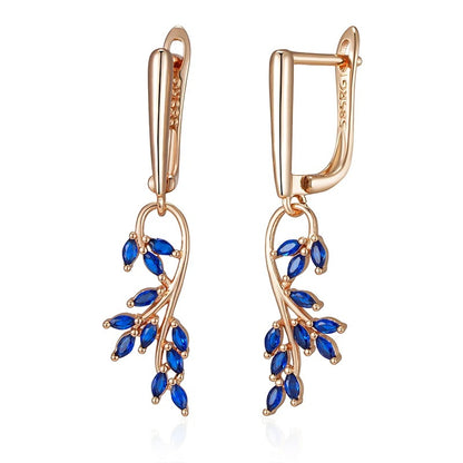 Blue Natural Zircon Leaf Shape Dangle Earrings For Women 585 Rose Gold Color Long Earrings Party Gift