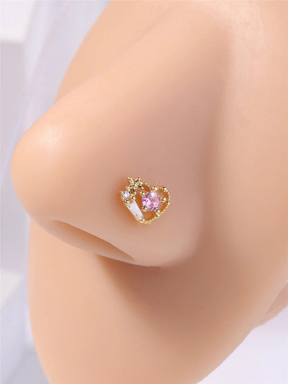 20G L Shaped Nose Studs Rings Cute Pink Heart CZ Shiny Love Stone Gold Silver Color Nose Piercing for Women Girl Nostril Jewelry