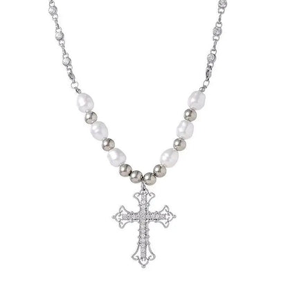 Pearl Cross Pendant Necklace Women Punk Retro Women Religious Zircon Chain Necklaces Girls Hip Hop Party Trendy Jewelry Gift