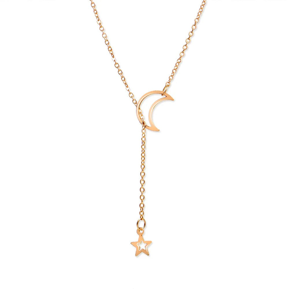 Simple Moon and Star Necklace Gold Alloy Charm Chain Jewelry for Women