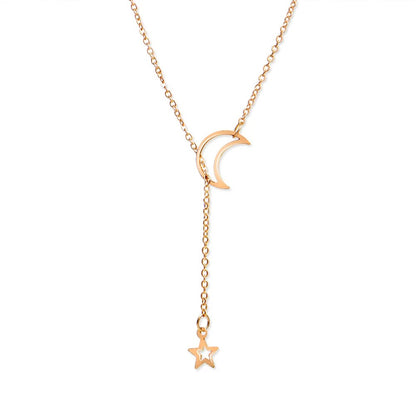 Simple Moon and Star Necklace Gold Alloy Charm Chain Jewelry for Women