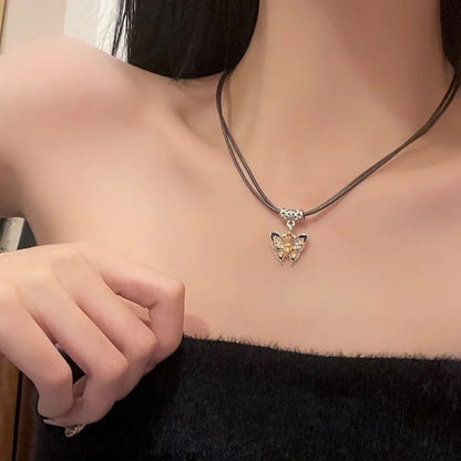 Men & Women Double Layer Leather Choker Necklace Butterfly Pendant