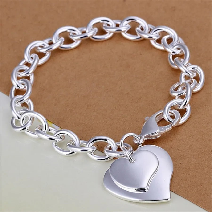 Double Heart Pendant Bracelet Wedding & Christmas Gift Jewelry