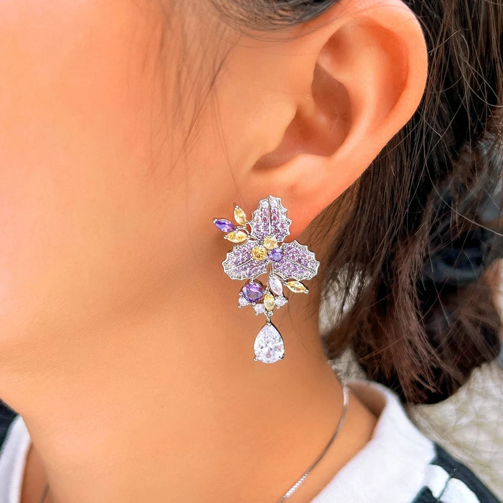 Zircons Chic Purple Cubic Zircon Pretty Long Big Flower Leaf Drop Dangle Earrings for Women Engagement Bridal Wedding