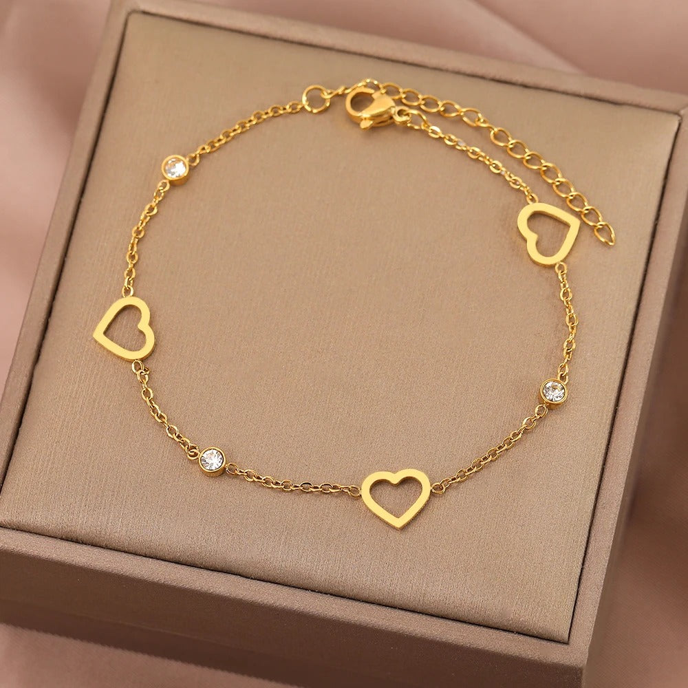 Stainless Steel Crystal Zircon Hollow Heart Bracelet Women Jewelry