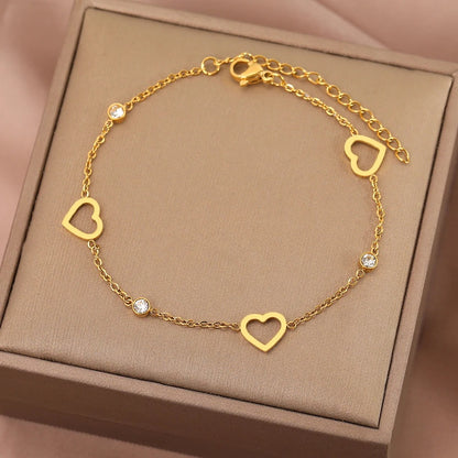 Stainless Steel Crystal Zircon Hollow Heart Bracelet Women Jewelry
