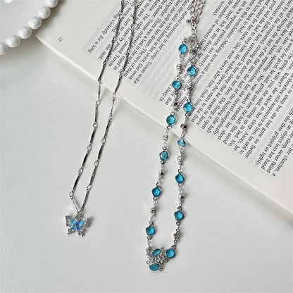 Blue Crystal Butterfly Necklace Women’s Bilayer Choker