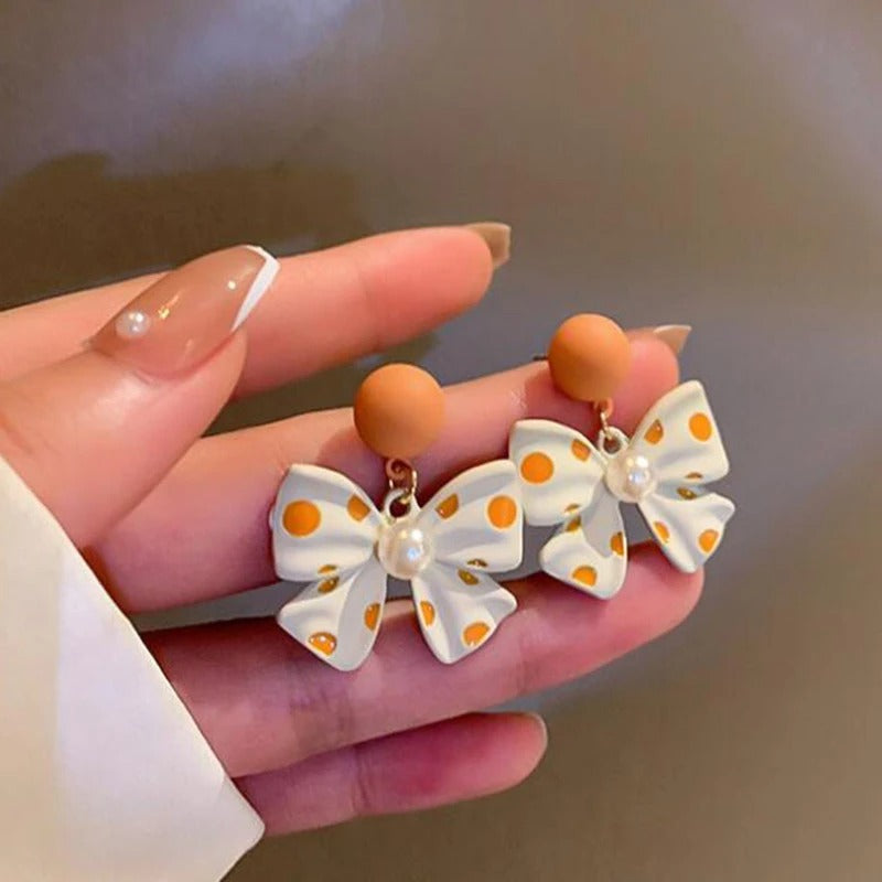 Women’s Korean Style Bowknot Earrings Polka Dot Pearl Party Jewelry