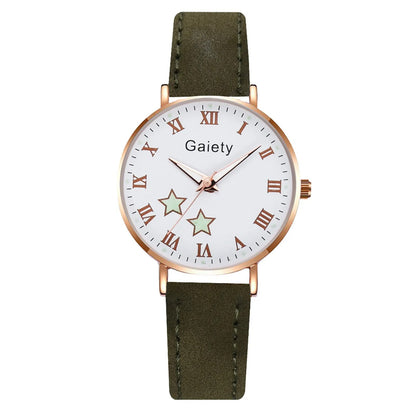 Ladies Quartz Watch with Leather Strap Star Pattern Dial