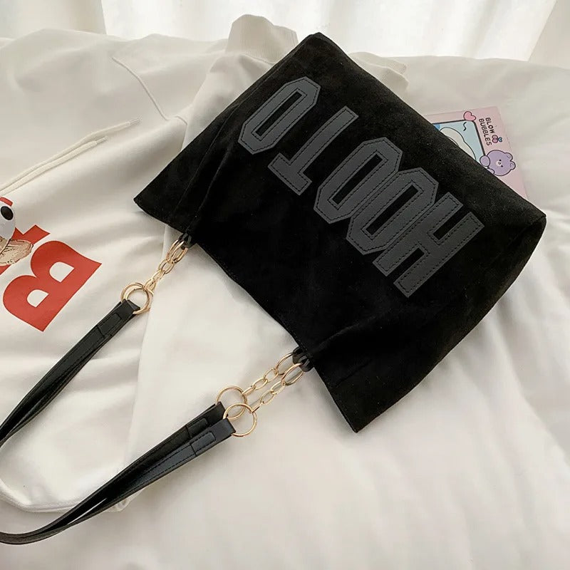 Solid Color Canvas Shoulder Tote Bag Trendy Letter Print Handbag for Women