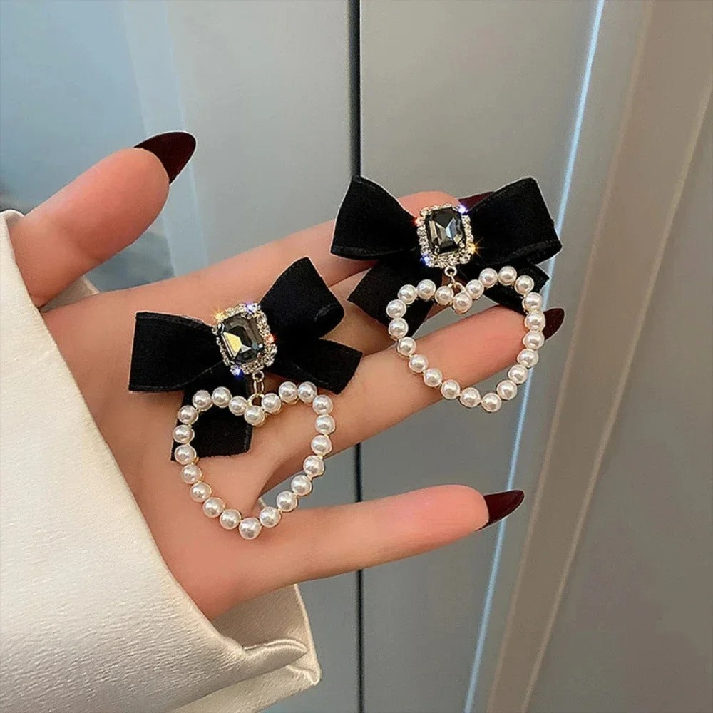 Black White Lace Bow Stud Earrings for Women