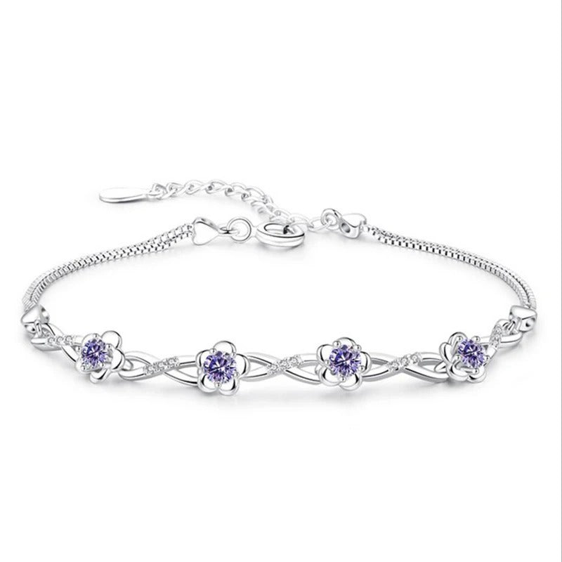 925 Silver Purple & White Zircon Plum Flower Bracelet Women