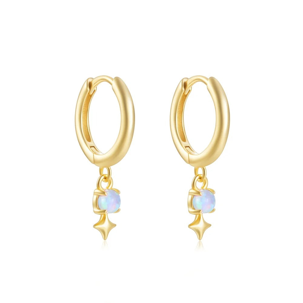 White Opal Drop Hoop Earrings 925 Sterling Silver for Women