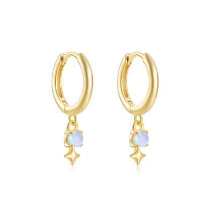 White Opal Drop Hoop Earrings 925 Sterling Silver for Women