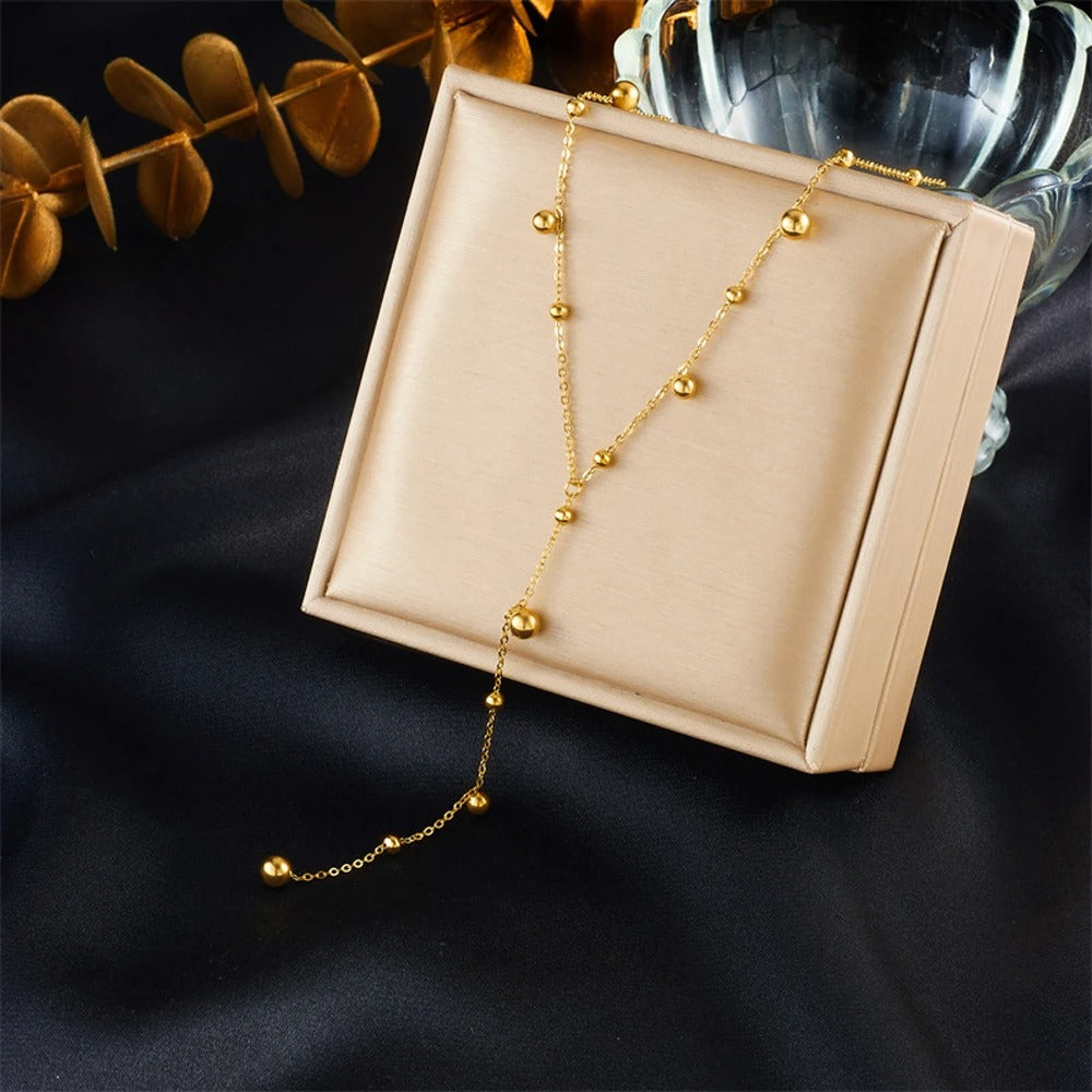 316L Stainless Steel Gold Beaded Long Chain Necklace for Women