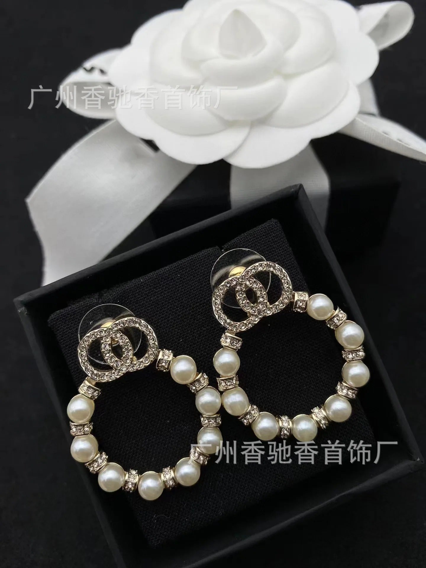 Elegant Double Diamond Pearl Earrings Chic Round Design Earrings for Women with Timeless Style