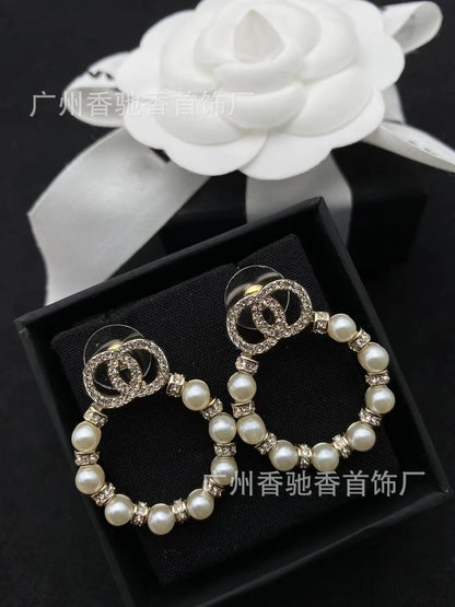 Elegant Double Diamond Pearl Earrings Chic Round Design Earrings for Women with Timeless Style