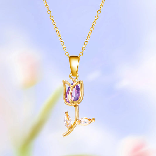 Light Luxury Zircon Tulip Flower Pendant Necklace for Women Elegant Stainless Steel Clavicle Chain Fashion Party Jewelry Gift