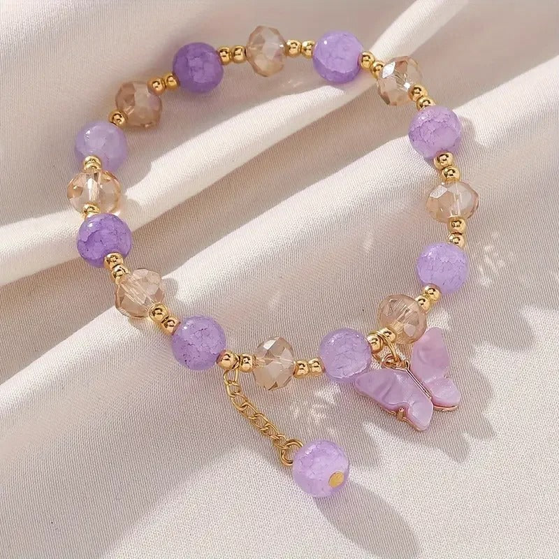 Purple Butterfly Beaded Stretch Bracelet for Women & Girls