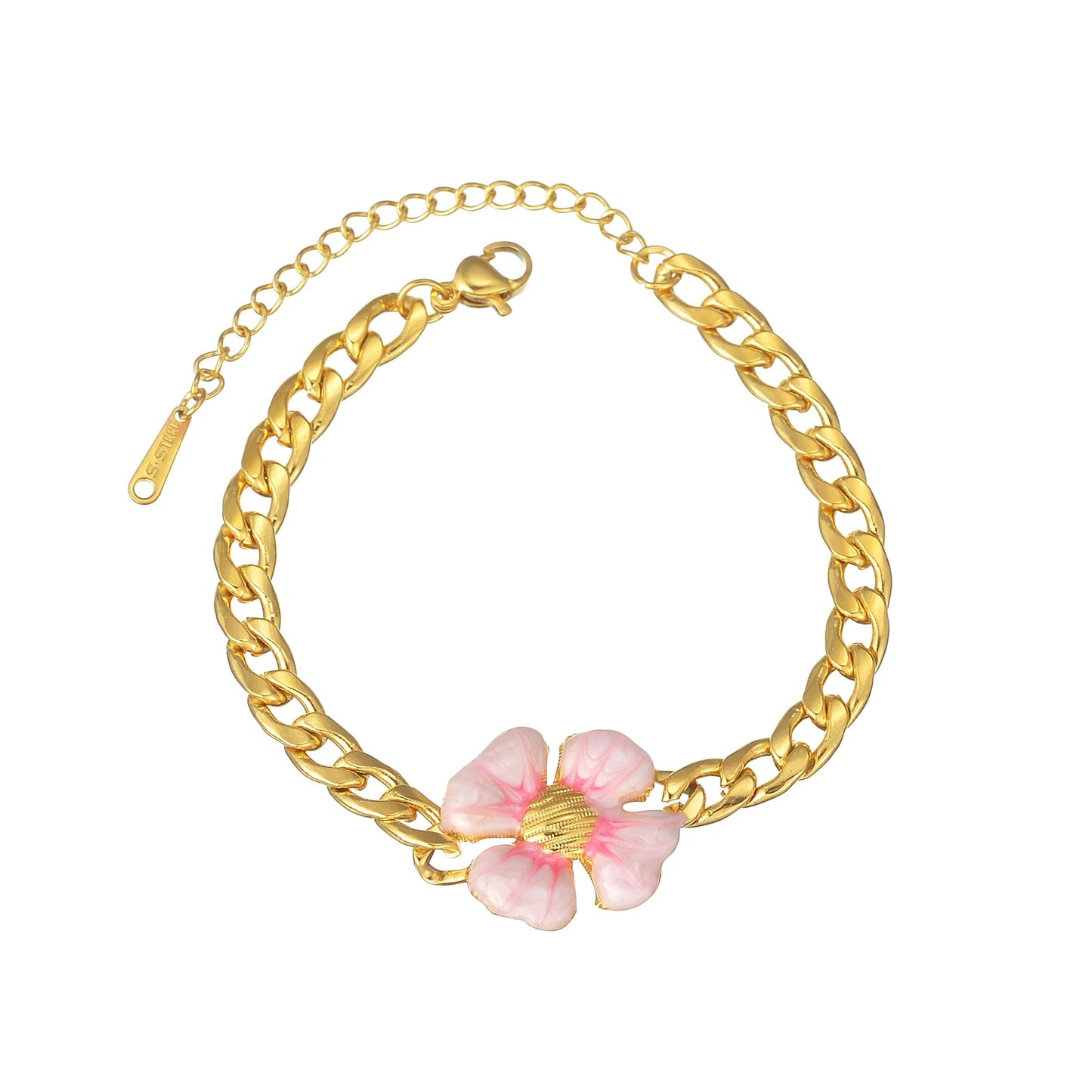 Stainless Steel Flower Bracelet Chunky Cuban Link Gold Women Jewelry