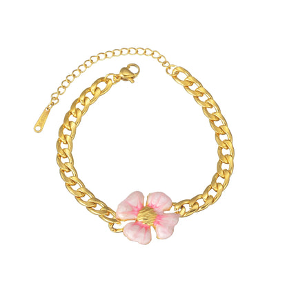 Stainless Steel Flower Bracelet Chunky Cuban Link Gold Women Jewelry