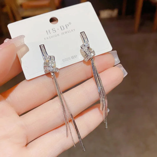 Korean Rhinestone Knot Tassel Earrings Women Luxury Jewelry
