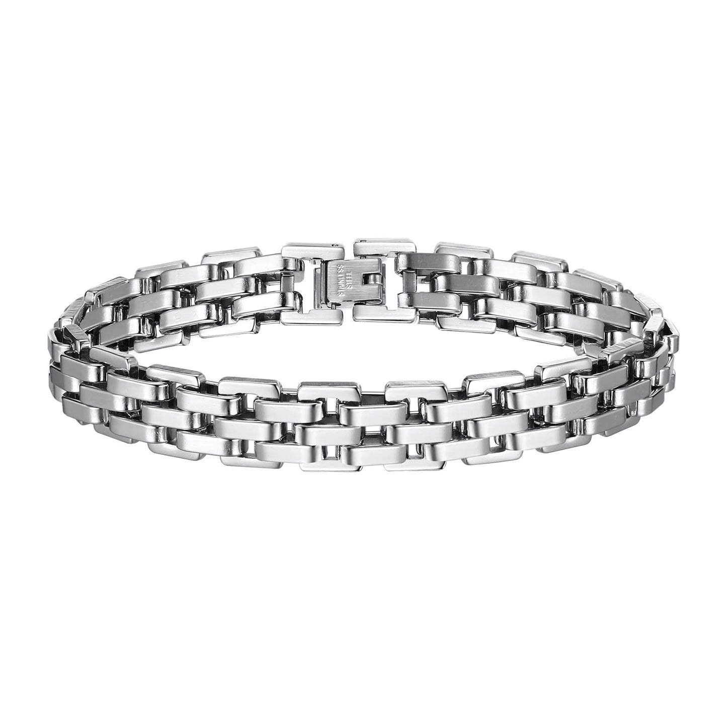 Men’s Black & Silver Watchband-Style Chain Bracelet Teens & Boys