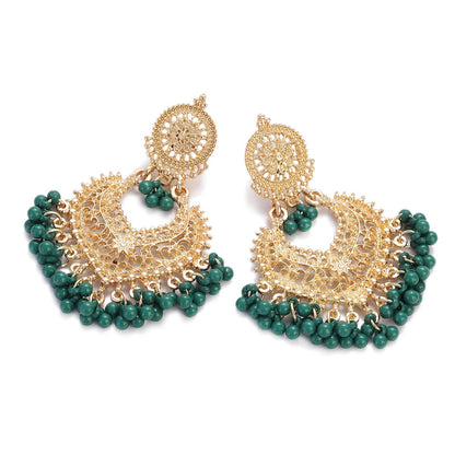 Gold Heart Flower Dangle Earrings with Pink Beads Women